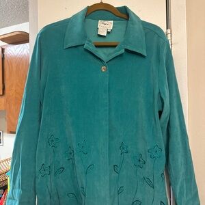 Casual Corner Teal Suede Jacket with Floral Stitching